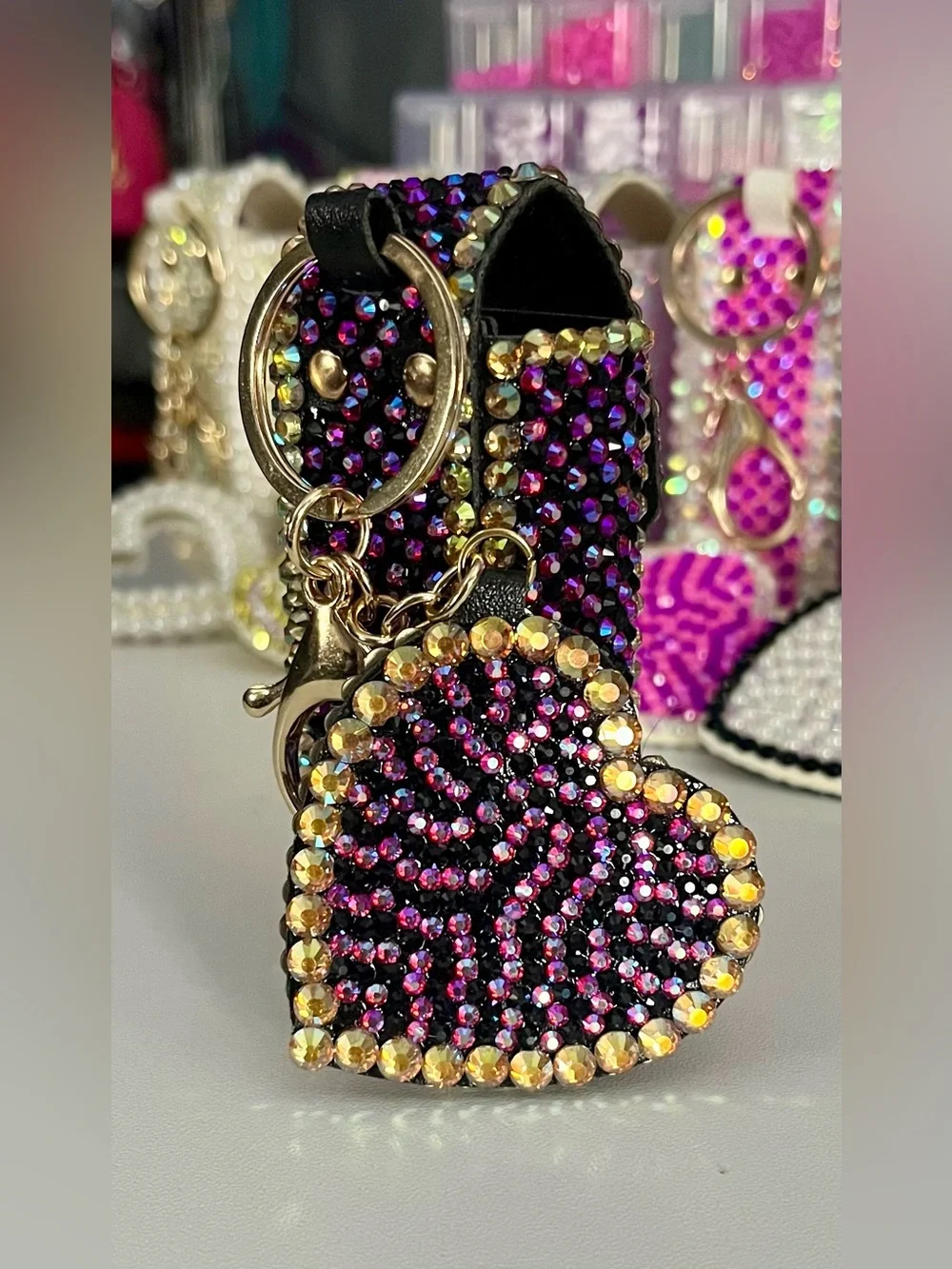 Hand Crafted Midnight Luxury Crystal Lipstick Holder and Mirror Keychain